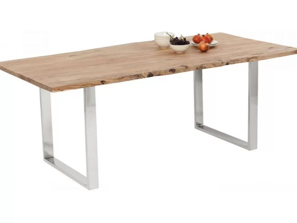 Stoły-KARE Design Stół Z Naturalnym Drewnianym Blatem Z Drewna Akacji I Srebrnymi Metalowymi Nogami 160x80 Cm