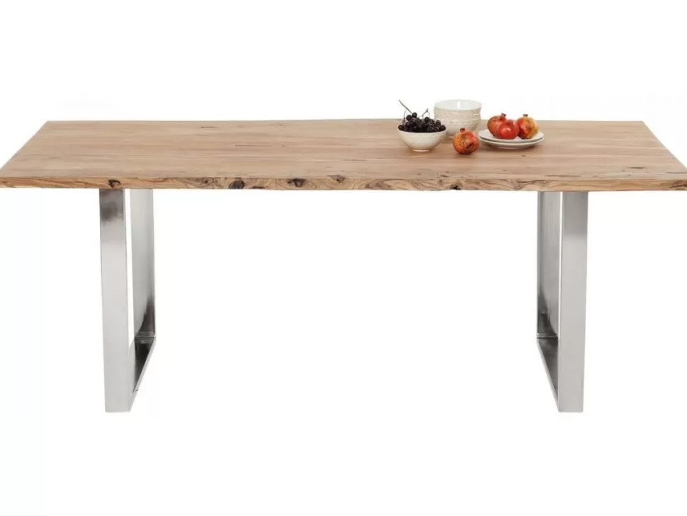 Stoły-KARE Design Stół Z Naturalnym Drewnianym Blatem Z Drewna Akacji I Srebrnymi Metalowymi Nogami 160x80 Cm