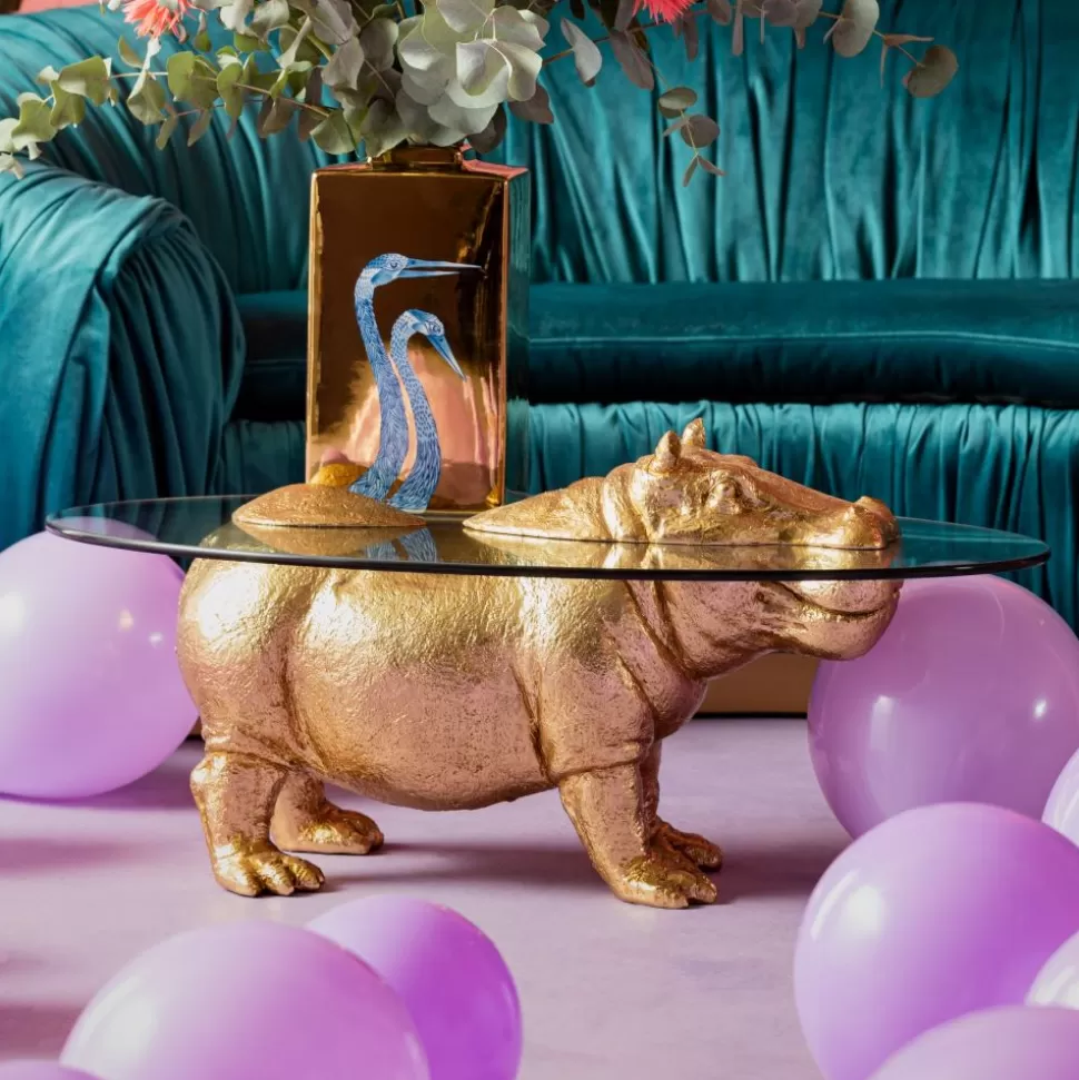 Stoliki Kawowe-KARE Design Stolik Kawowy Hippo 80 Cm Złoty - Blat Szklany