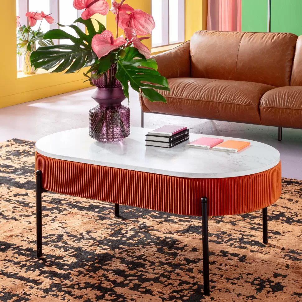 Stoliki Kawowe-KARE Design Stolik Kawowy Tkanina Brązowa Blat MDF Imitacja Marmuru 114x60 Cm Nogi Czarne