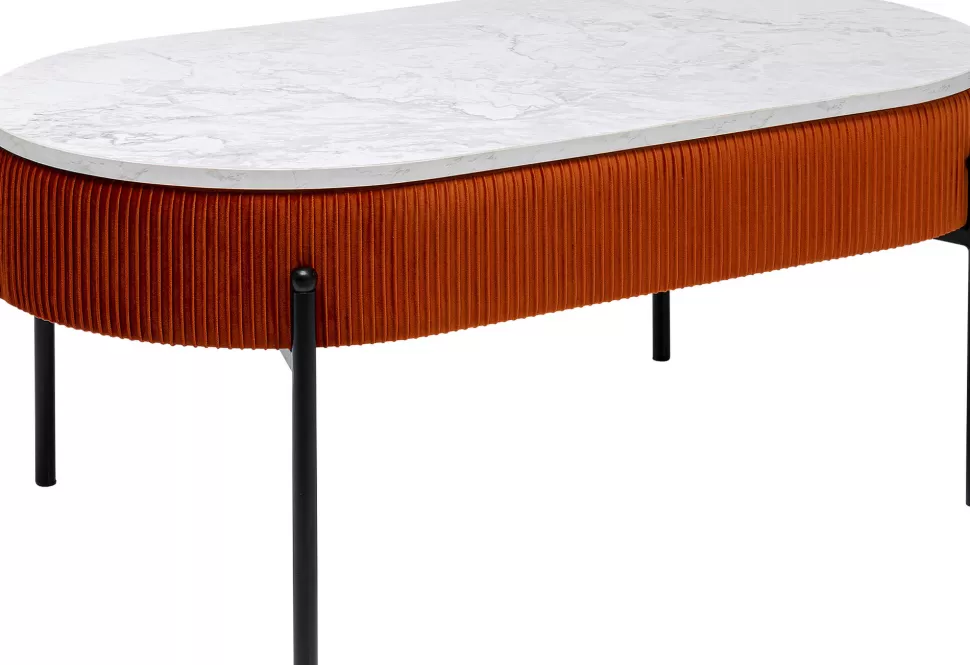 Stoliki Kawowe-KARE Design Stolik Kawowy Tkanina Brązowa Blat MDF Imitacja Marmuru 114x60 Cm Nogi Czarne