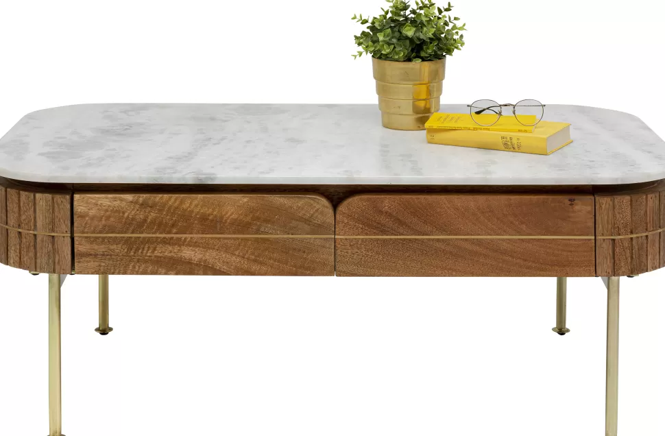 Stoliki Kawowe-KARE Design Stolik Kawowy Z Szufladami Drewno Mango I Marmur Nogi Złote 110x60 Cm
