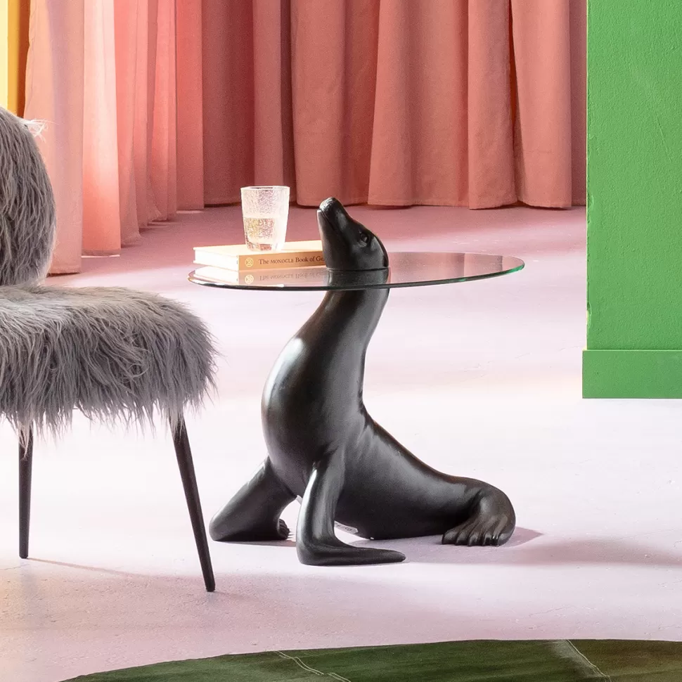 Stoliki Kawowe-KARE Design Stolik Pomocniczy Blat Szkło Hartowane Podstawa Czarna Lew Morski Ø50 Cm