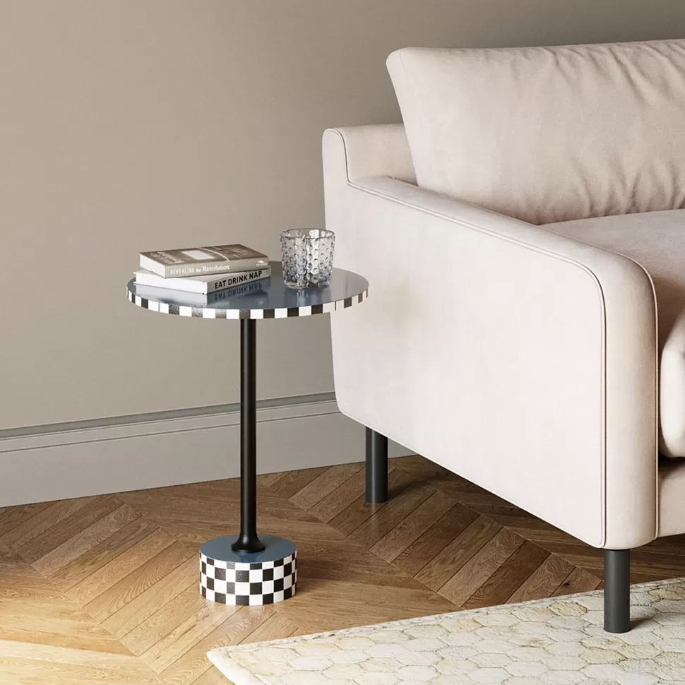 Stoliki Kawowe-KARE Design Stolik Pomocniczy Niebieski MDF I Stal Ø40x50 Cm Szachownica