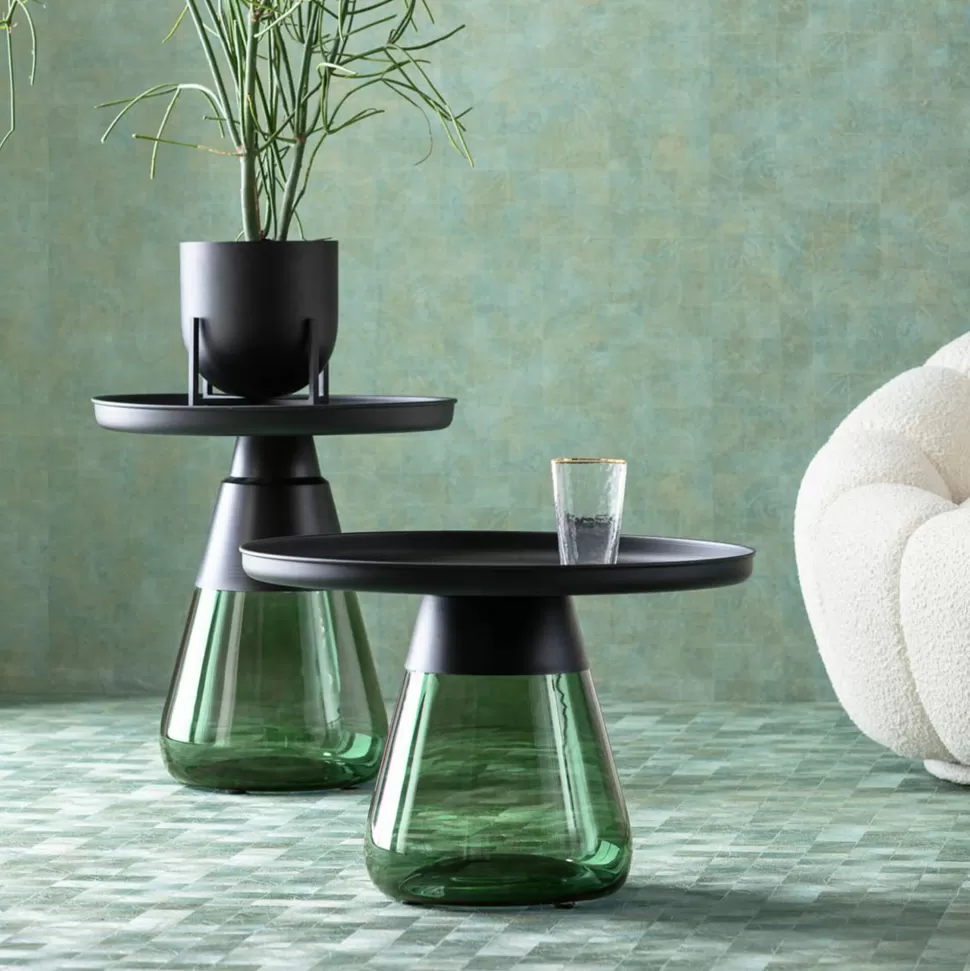 Stoliki Kawowe-KARE Design Stolik Pomocniczy Okrągły Stal Czarna I Szkło Zielone Ø50 Cm