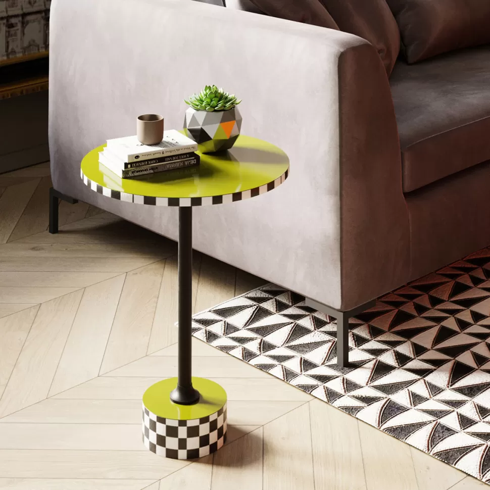 Stoliki Kawowe-KARE Design Stolik Pomocniczy Oliwkowy MDF I Stal Ø25x50 Cm Szachownica