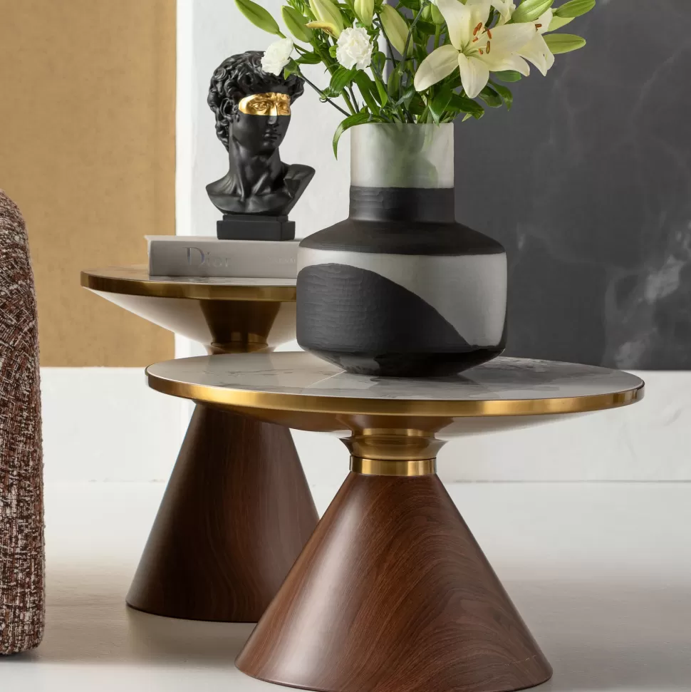 Stoliki Kawowe-KARE Design Stolik Pomocniczy Z Ceramicznym Blatem Podstawa Brązowa Ø50 Cm