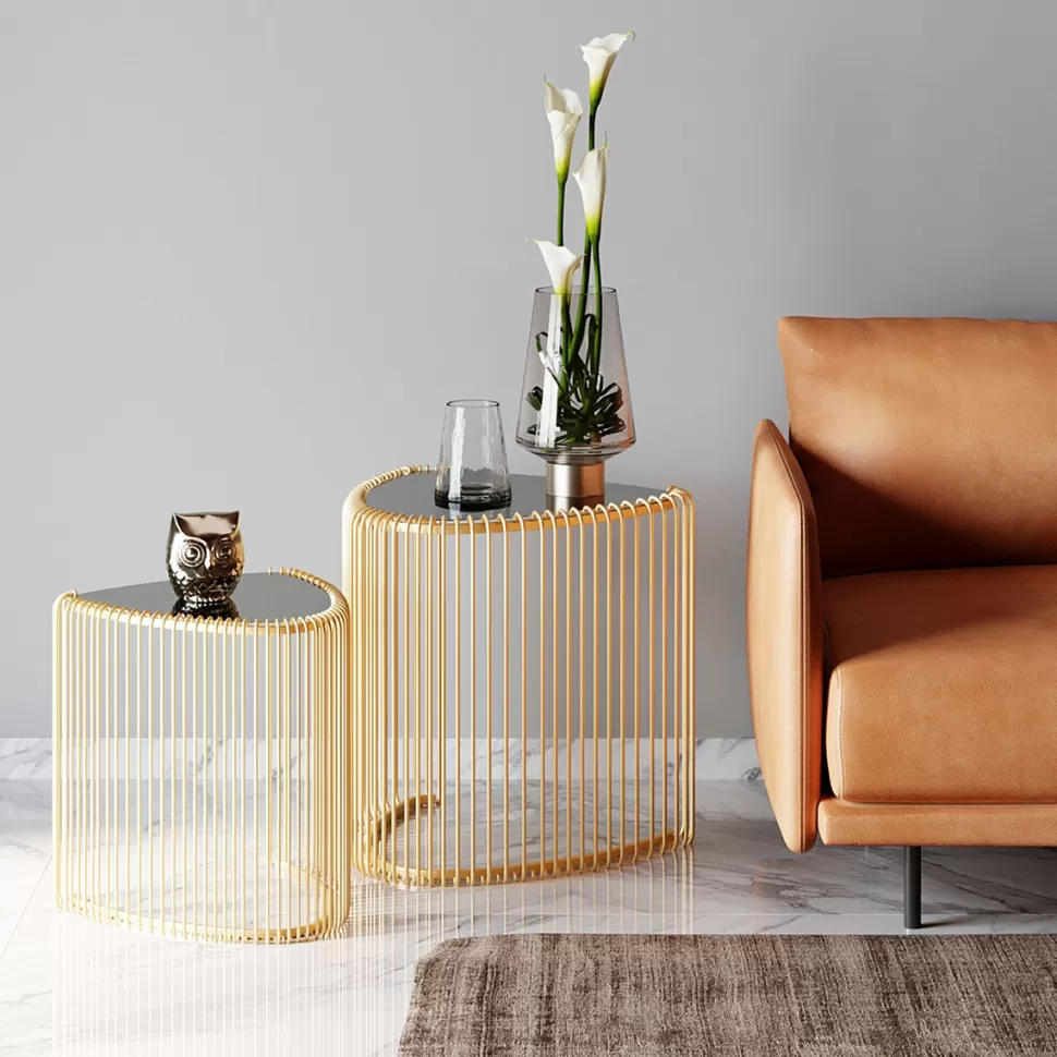 Stoliki Kawowe-KARE Design Stoliki Pomocnicze Złote Blaty Trójkątne Szklane 2-set