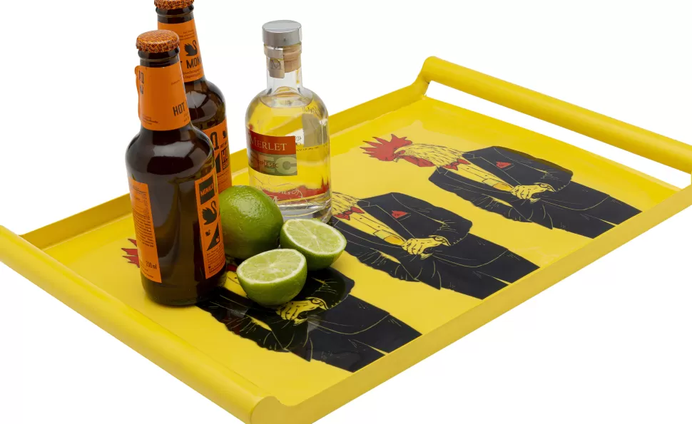Zastawa Stołowa-KARE Design Taca Z Uchwytami Stalowa żółta Koguty W Garniturach 49x30 Cm