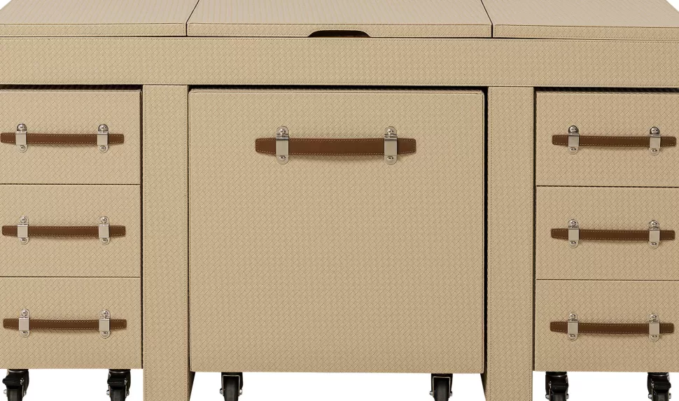 Konsole I Toaletki-KARE Design Toaletka Rozkładana Z Siedziskiem I Kontenerkami Tapicerowana 138x51 Cm