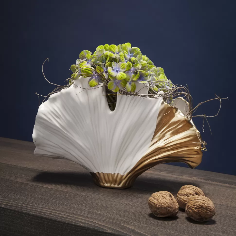 Wazony-KARE Design Wazon Dekoracyjny W Kształcie Liścia Miłorzębu Biały 26 X 18 Cm