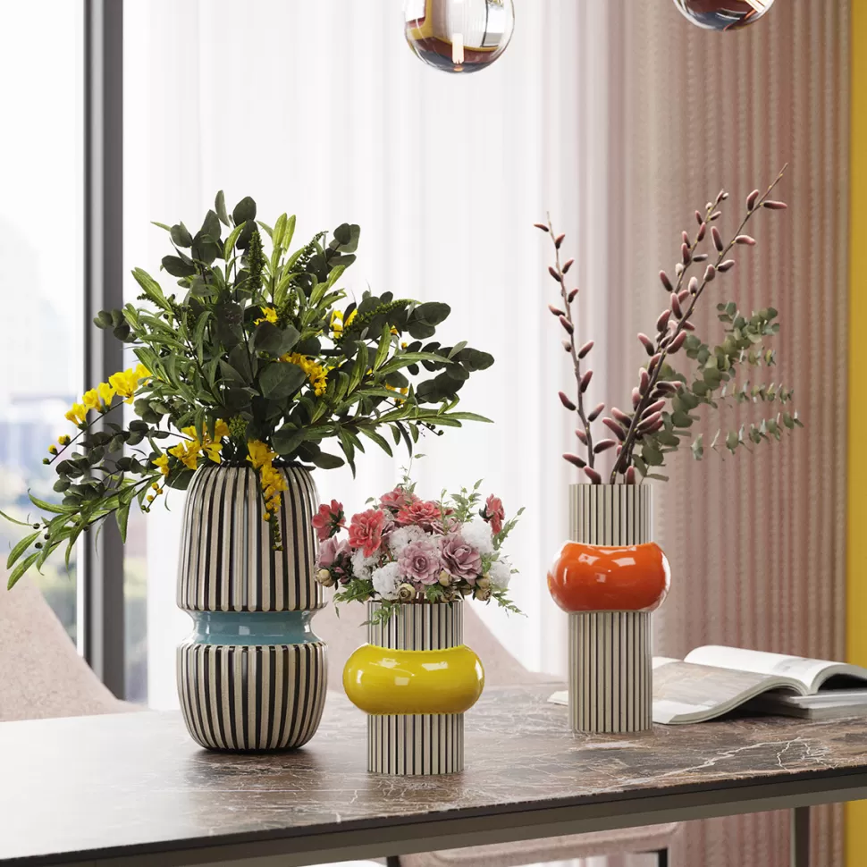 Wazony-KARE Design Wazon Do Salonu W Paski Niebieski Detal Ø15x31 Cm Porcelana