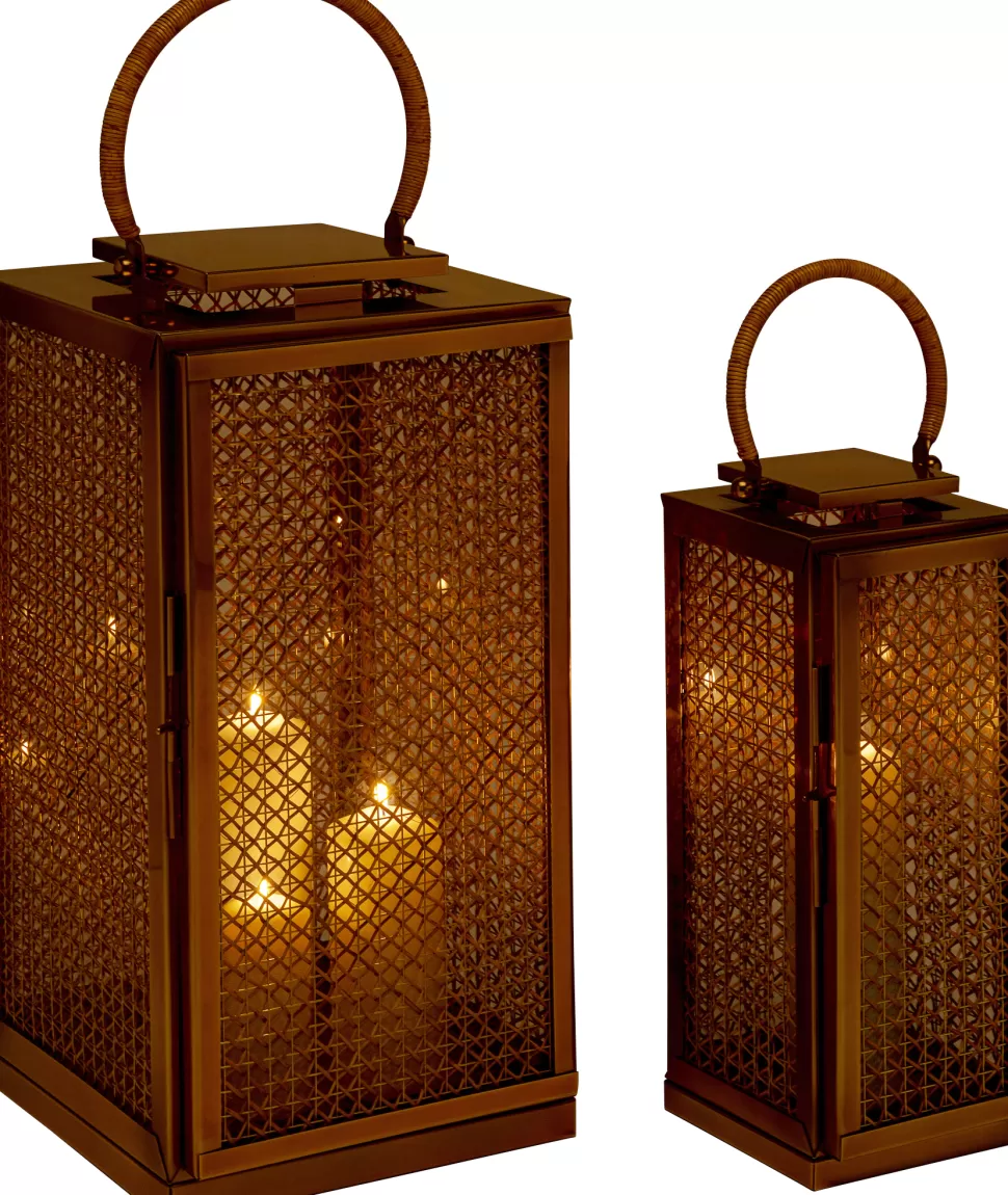 Lampiony I Latarenki-KARE Design Zestaw 2 Dużych Latarenek Złotych Ze Stali Nierdzewnej I Trawy Morskiej