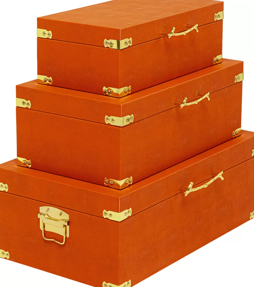 Organizery-KARE Design Zestaw 3 Pudełek Pomarańczowych Ze Złotymi Detalami