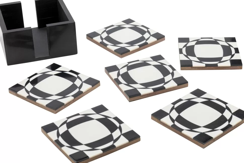 Zastawa Stołowa-KARE Design Zestaw 6 Podkładek Pod Kubki Czarno-białe Z Organizerem 12x12 Cm