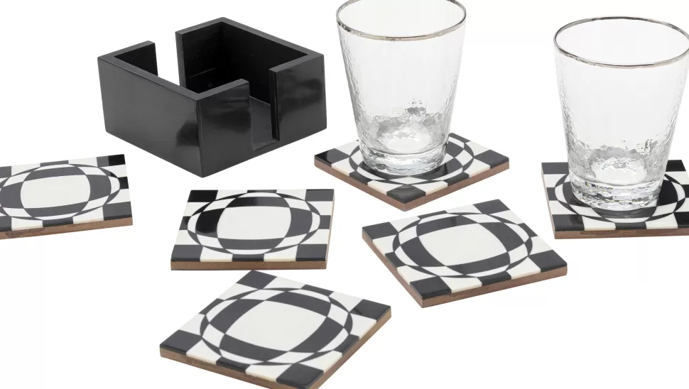 Zastawa Stołowa-KARE Design Zestaw 6 Podkładek Pod Kubki Czarno-białe Z Organizerem 12x12 Cm