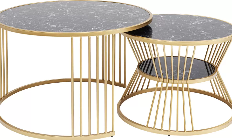 Stoliki Kawowe-KARE Design Zestaw Dwóch Stolików Kawowych Roma - Złote - Blaty Marmur
