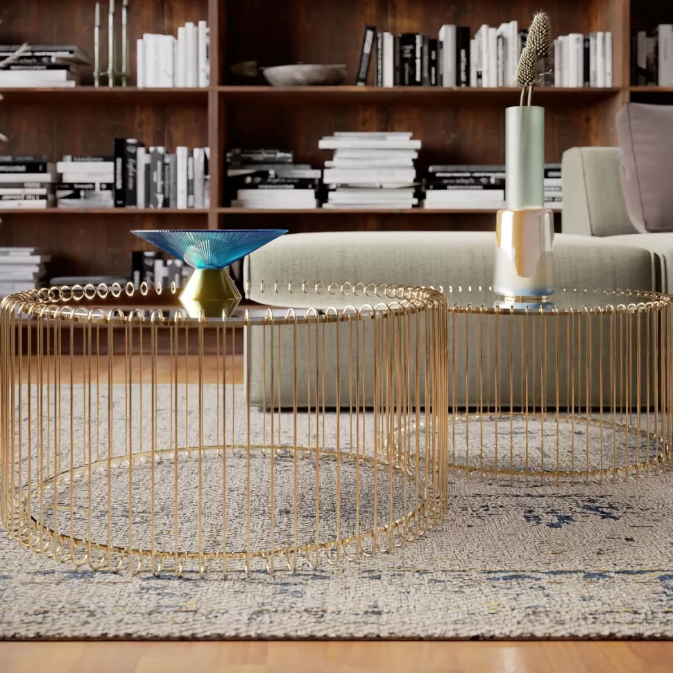 Stoliki Kawowe-KARE Design Zestaw Dwóch Stolików Kawowych Wire Mosiężne