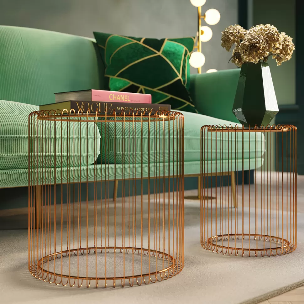 Stoliki Kawowe-KARE Design Zestaw Dwóch Stolików Wire Copper Miedziane - Blaty Lustrzane